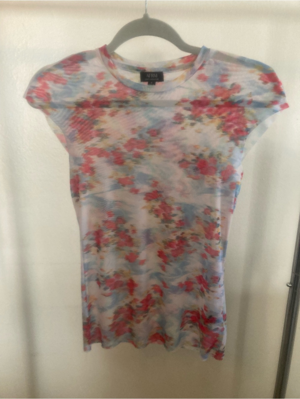 AFRM Sheer Floral Mesh White Tee in Light Blue and Pink